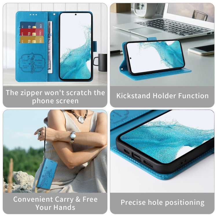 Funda de Cuero Sony Xperia 1 Vi Diseño Mariposas y Flores En Relieve (Azul)