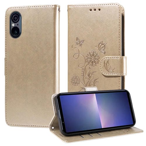 Funda de Cuero para Sony Xperia 5 Vi con Diseño de Mariposas y Flores en Relieve (Dorada)