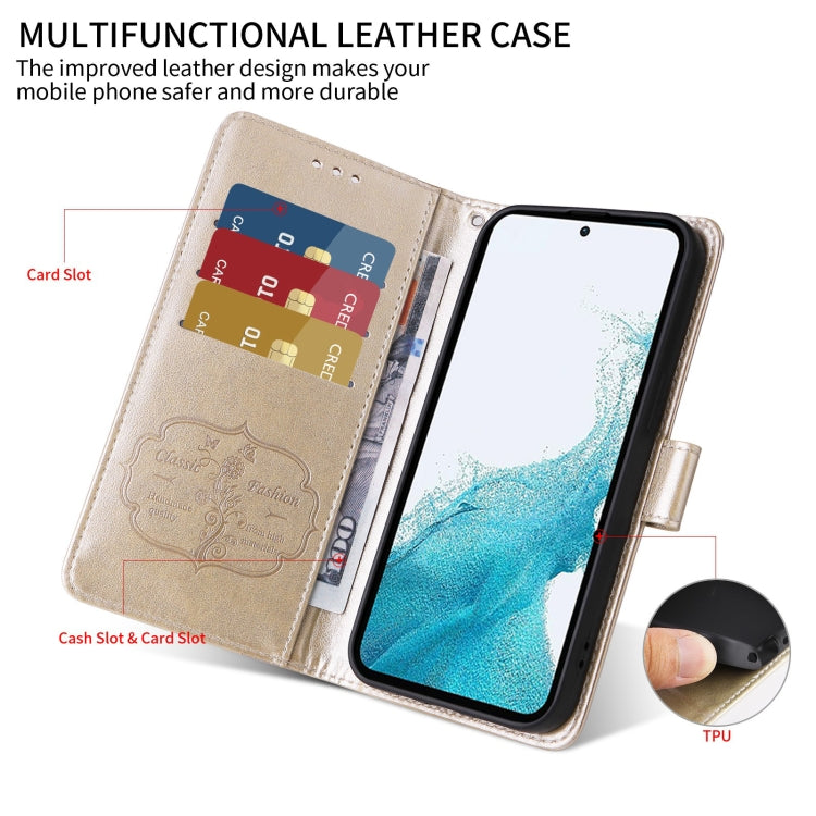 Funda de Cuero para Sony Xperia 5 Vi con Diseño de Mariposas y Flores en Relieve (Dorada)