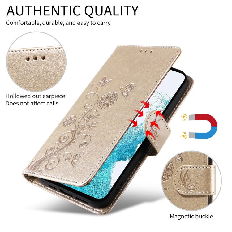 Funda de Cuero para Sony Xperia 5 Vi con Diseño de Mariposas y Flores en Relieve (Dorada)