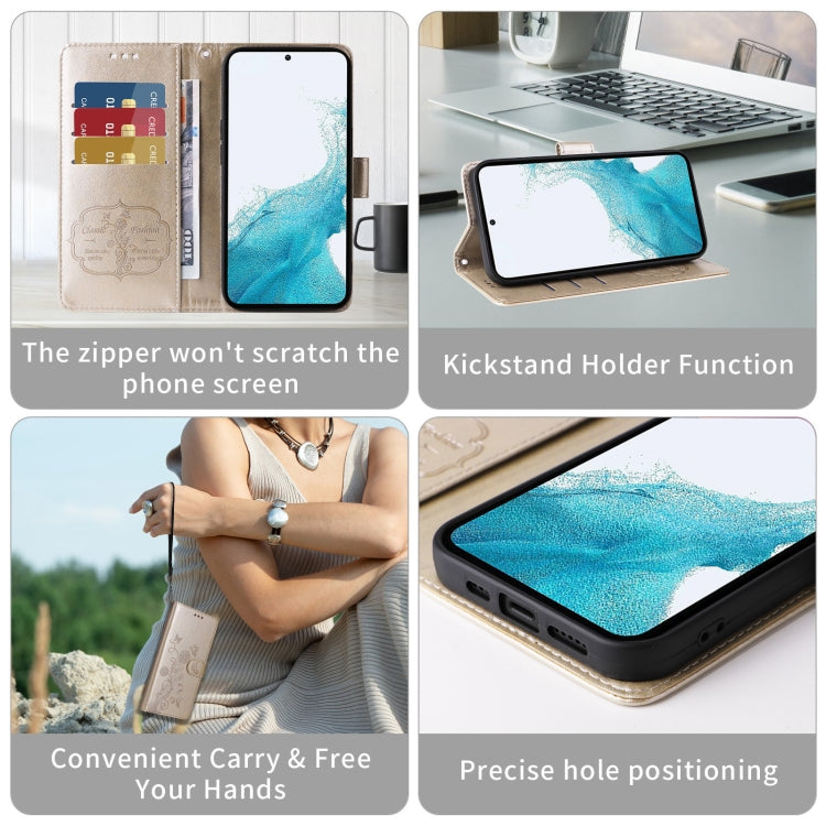 Funda de Cuero para Sony Xperia 5 Vi con Diseño de Mariposas y Flores en Relieve (Dorada)