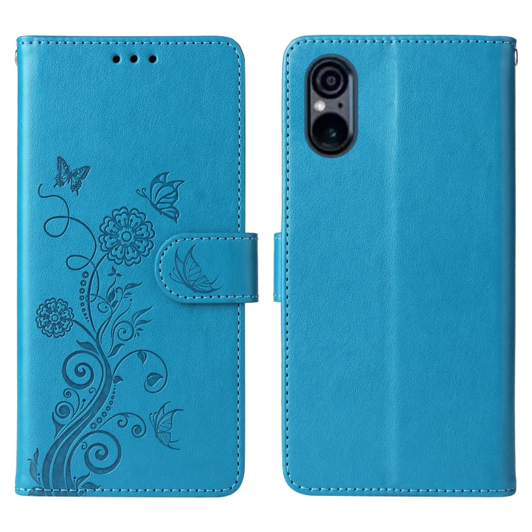 Funda de Cuero para Sony Xperia 5 Vi con Diseño de Mariposas y Flores en Relieve (Azul)