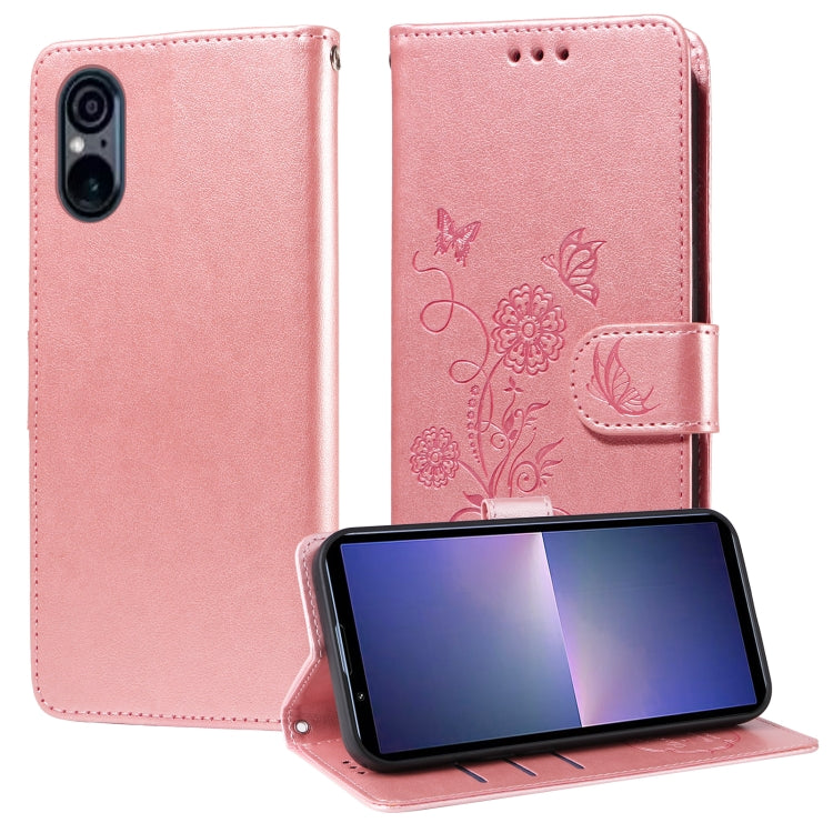 Funda de Cuero Sony Xperia 5 Vi con Diseño de Mariposas y Flores en Relieve (Oro Rosa)