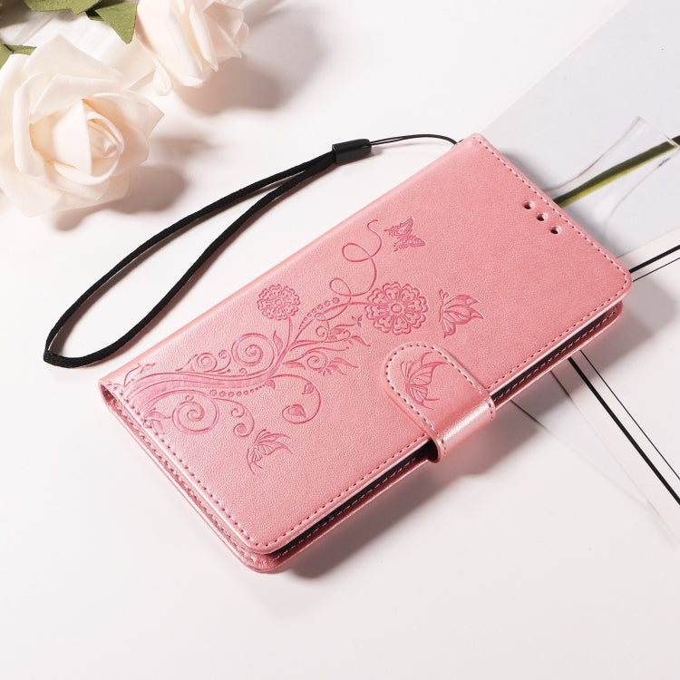 Funda de Cuero Sony Xperia 5 Vi con Diseño de Mariposas y Flores en Relieve (Oro Rosa)
