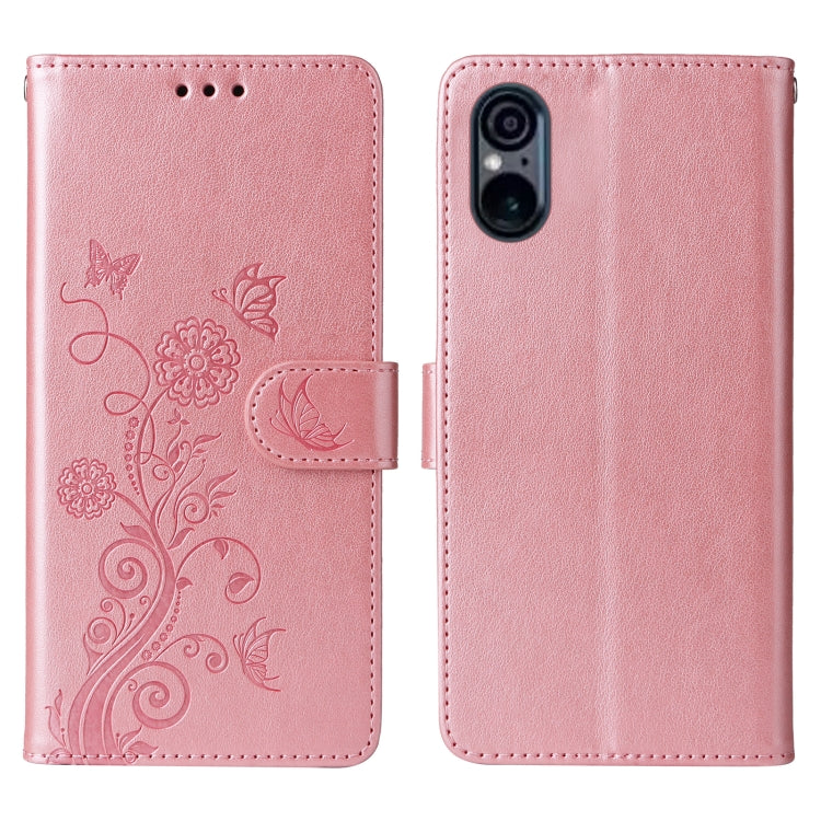 Funda de Cuero Sony Xperia 5 Vi con Diseño de Mariposas y Flores en Relieve (Oro Rosa)