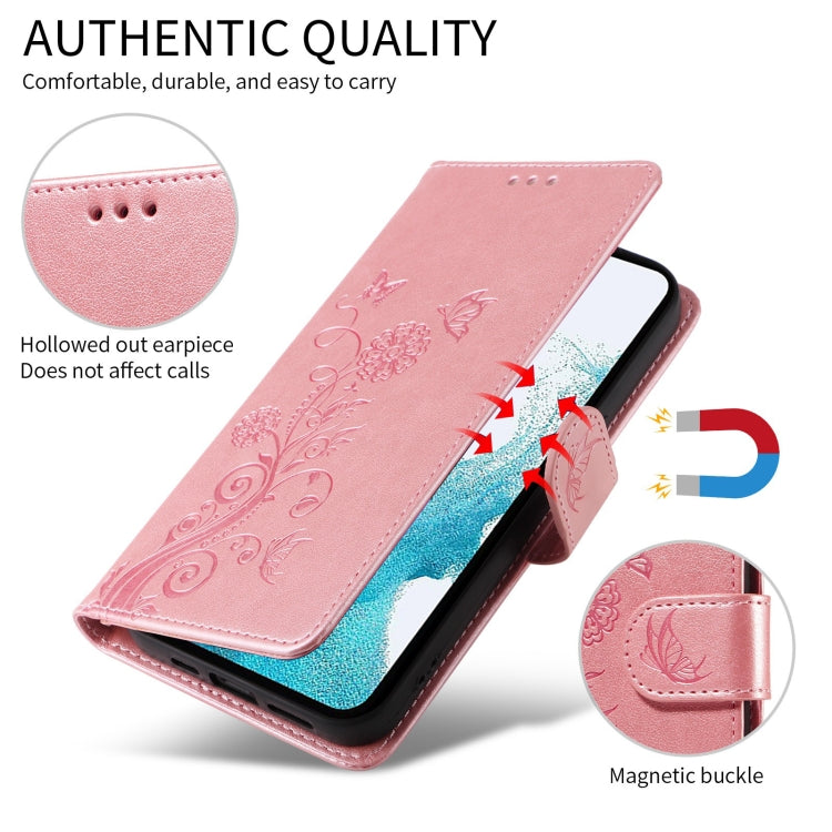 Funda de Cuero Sony Xperia 5 Vi con Diseño de Mariposas y Flores en Relieve (Oro Rosa)