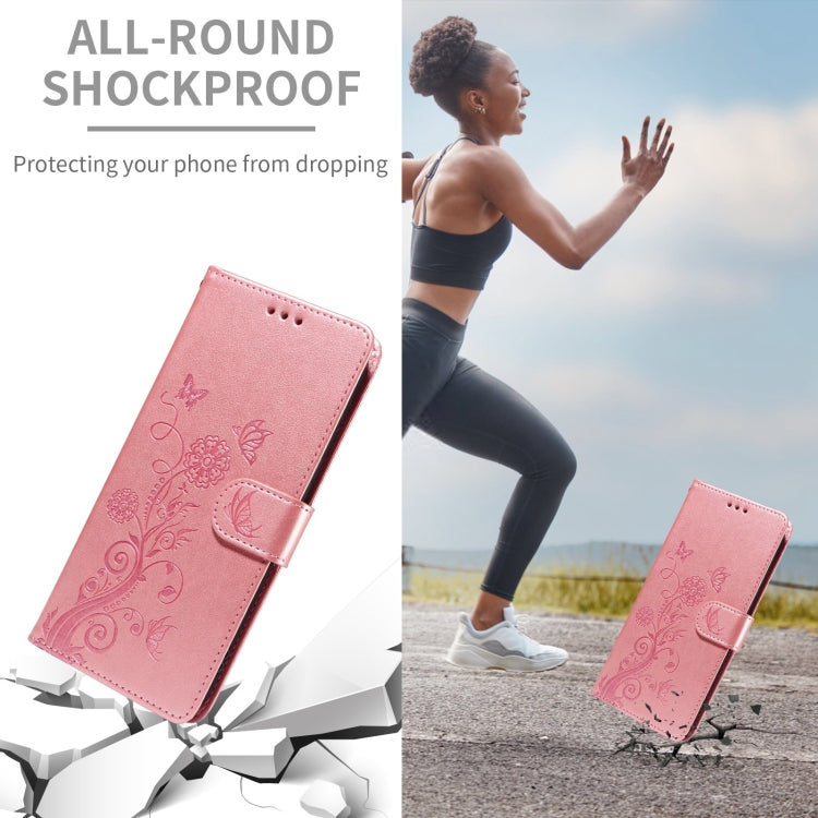 Funda de Cuero Sony Xperia 5 Vi con Diseño de Mariposas y Flores en Relieve (Oro Rosa)