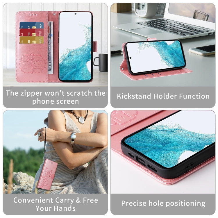 Funda de Cuero Sony Xperia 5 Vi con Diseño de Mariposas y Flores en Relieve (Oro Rosa)