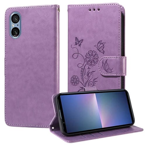 Funda de Cuero para Sony Xperia 5 V con Diseño de Mariposas y Flores en Relieve (Morado)