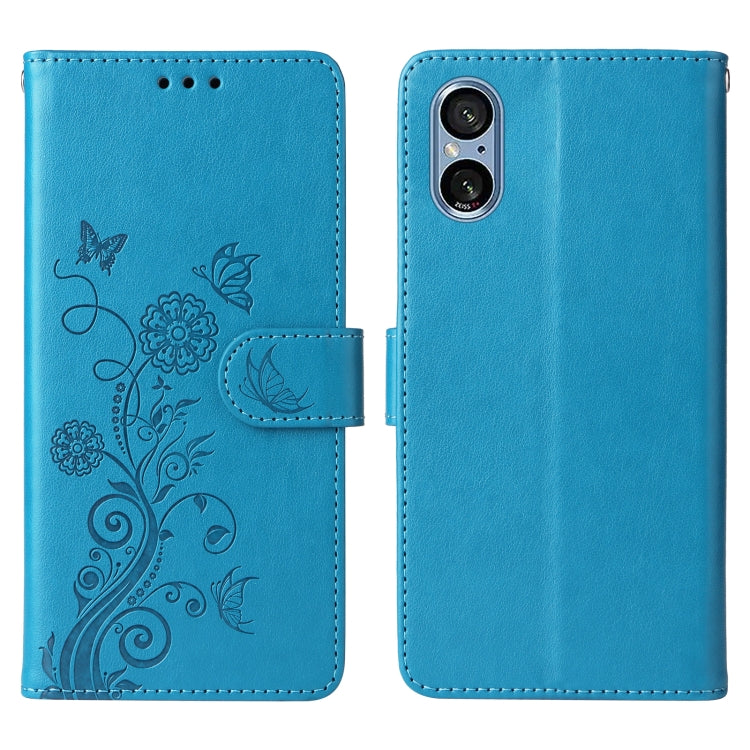 Funda de Cuero Sony Xperia 5 V con Diseño de Mariposas y Flores en Relieve (Azul)