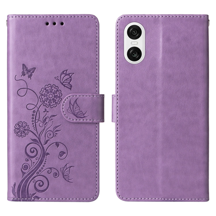 Funda de Cuero para Sony Xperia 10 Vi con Diseño de Mariposas y Flores en Relieve (Morado)