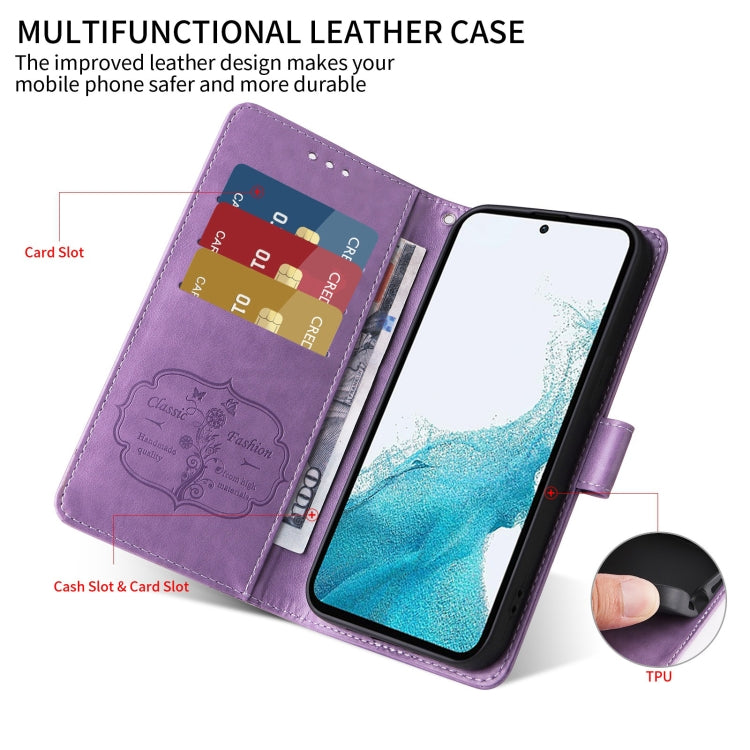 Funda de Cuero para Sony Xperia 10 Vi con Diseño de Mariposas y Flores en Relieve (Morado)