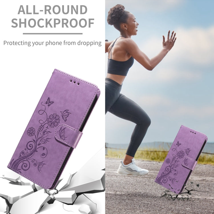 Funda de Cuero para Sony Xperia 10 Vi con Diseño de Mariposas y Flores en Relieve (Morado)