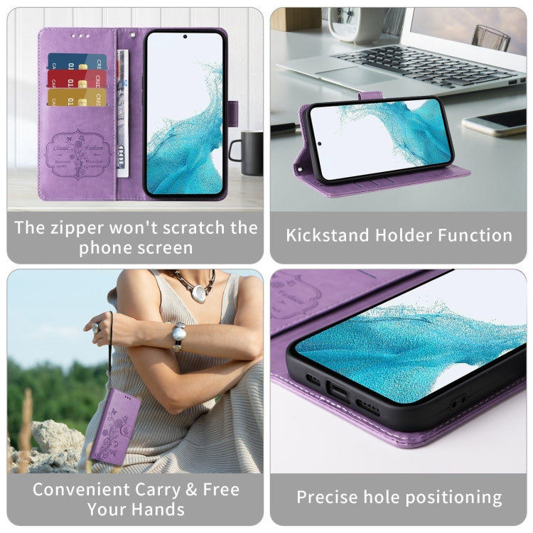 Funda de Cuero para Sony Xperia 10 Vi con Diseño de Mariposas y Flores en Relieve (Morado)