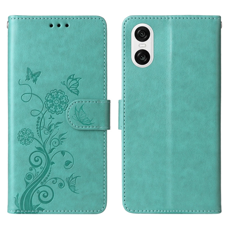 Funda de Cuero para Sony Xperia 10 Vi con Diseño de Mariposas y Flores En Relieve (Verde)
