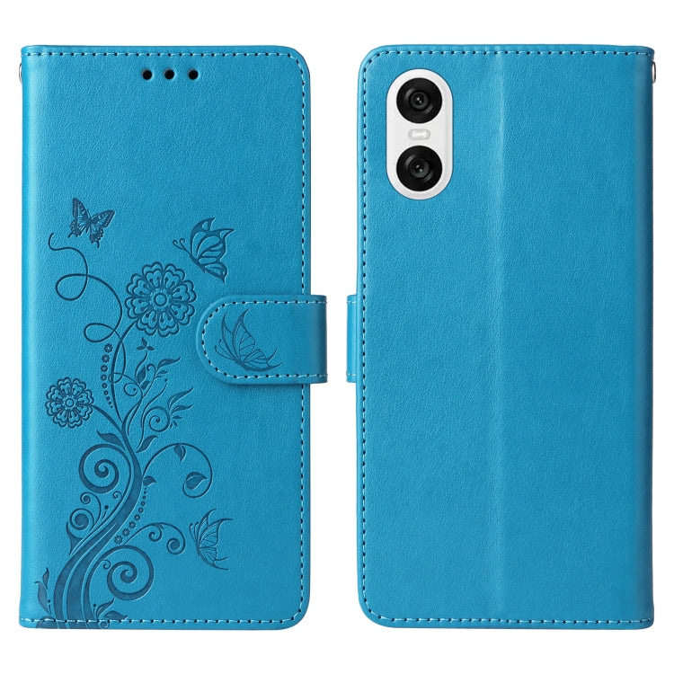 Funda de Cuero para Sony Xperia 10 Vi con Diseño de Mariposas y Flores en Relieve (Azul)