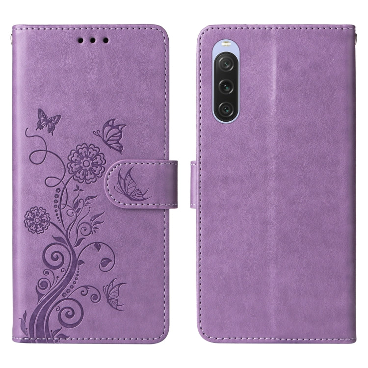 Funda de Cuero para Sony Xperia 10 V con Diseño de Mariposas y Flores en Relieve (Morado)