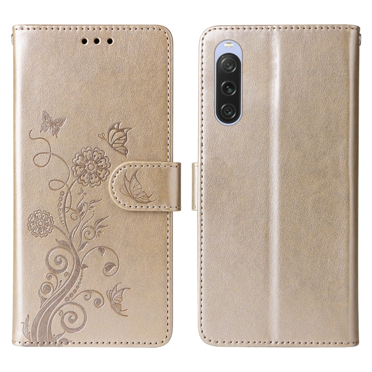 Funda de Cuero Sony Xperia 10 V con Diseño de Mariposas y Flores en Relieve (Dorada)