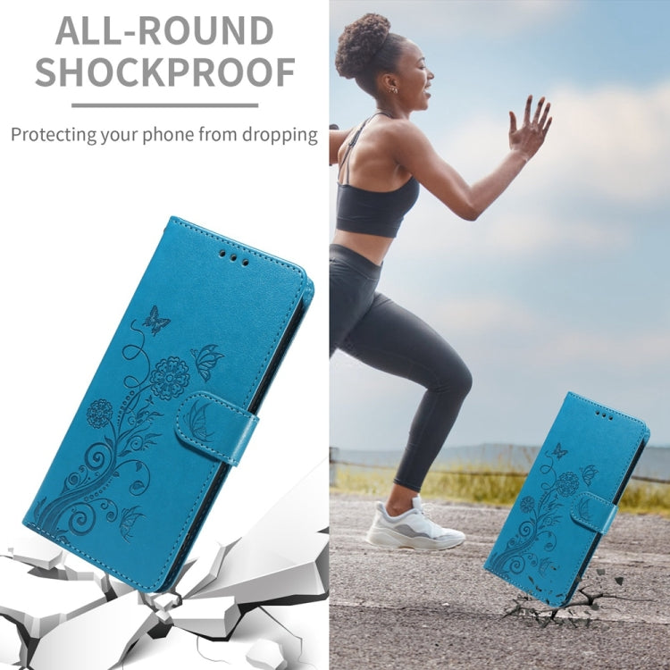 Funda de Cuero para OnePlus 13 con Diseño de Mariposas y Flores en Relieve (Azul)