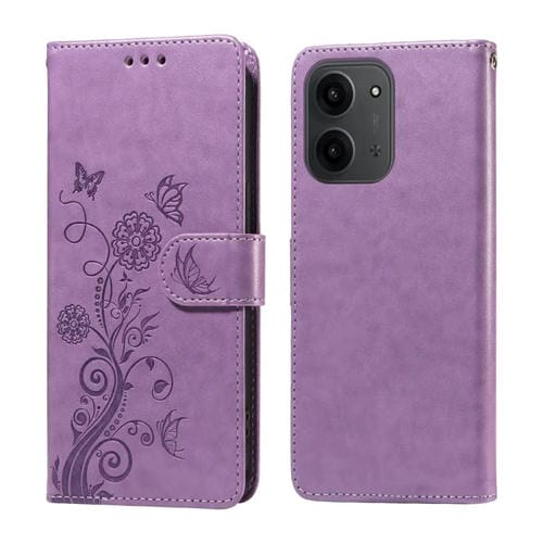 Funda de cuero con diseño de mariposas en relieve para Redmi 15C 4G (171,5 mm) y Xiaomi Poco C85 4G (morado)