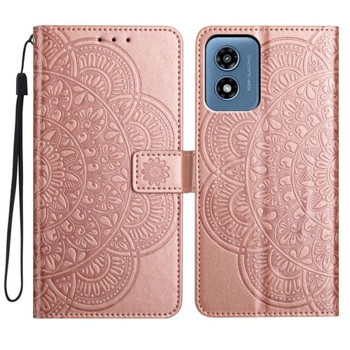 Funda de Piel con Relieve Floral para Motorola Moto G Play 2024 (Oro Rosa)