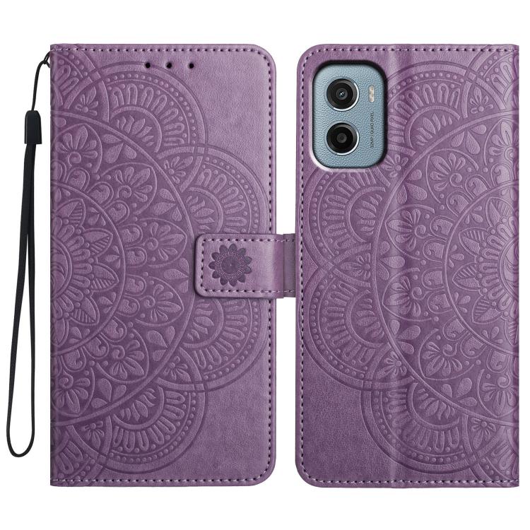 Funda de Piel con Relieve Floral para Motorola Moto E15 (Morado)