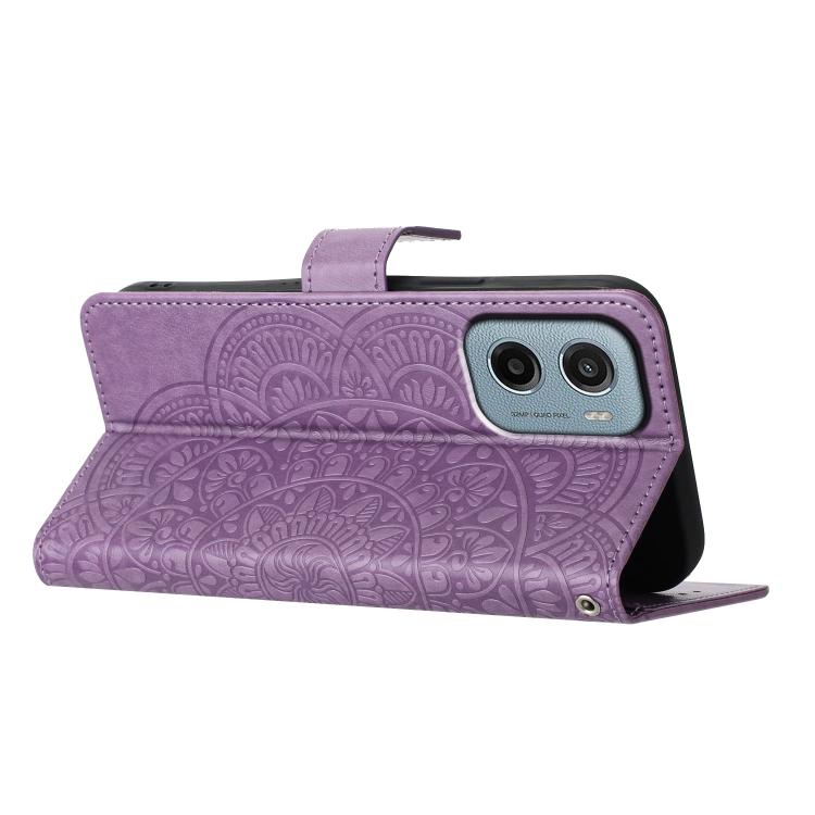 Funda de Piel con Relieve Floral para Motorola Moto E15 (Morado)