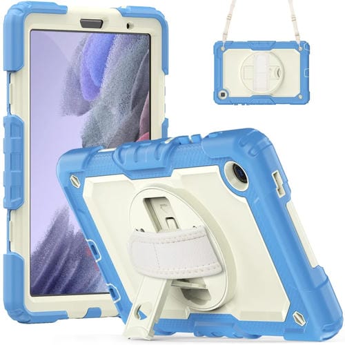 Funda híbrida silicona para Tablet Samsung Galaxy Tab A7 Lite T220 con correa para el hombro (Beige + Cian Azul)