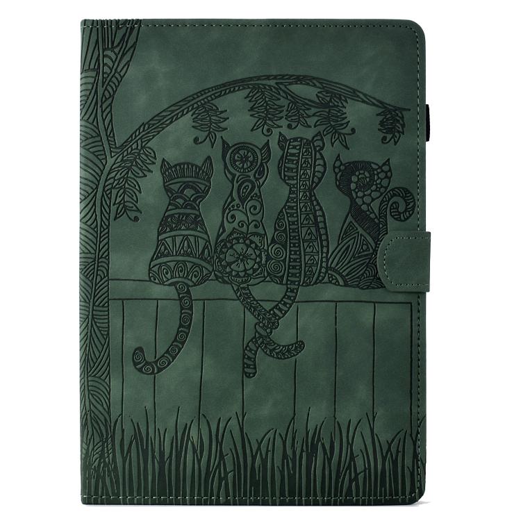 Funda de piel con relieve de gato para Samsung Galaxy Tab S10 FE+ (verde)