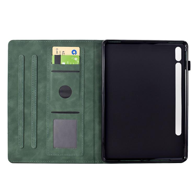 Funda de piel con relieve de gato para Samsung Galaxy Tab S10 FE+ (verde)