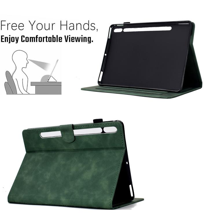 Funda de piel con relieve de gato para Samsung Galaxy Tab S10 FE+ (verde)