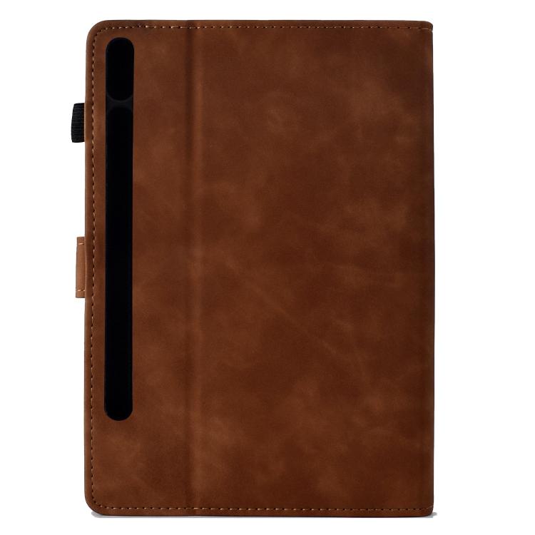 Funda de cuero con relieve de gatos para Samsung Galaxy Tab S10 FE+ (marrón)