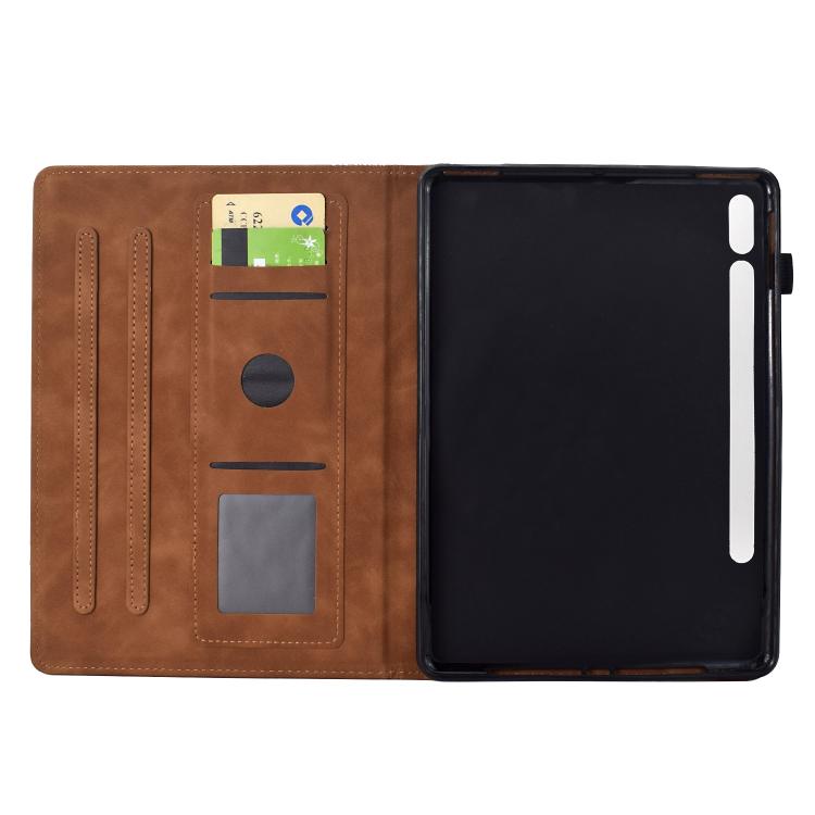 Funda de cuero con relieve de gatos para Samsung Galaxy Tab S10 FE+ (marrón)
