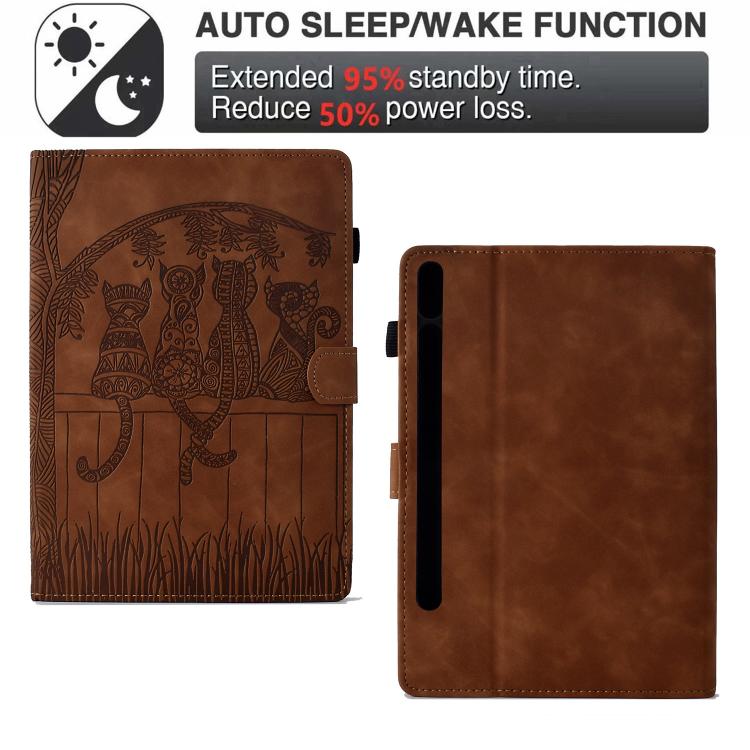 Funda de cuero con relieve de gatos para Samsung Galaxy Tab S10 FE+ (marrón)