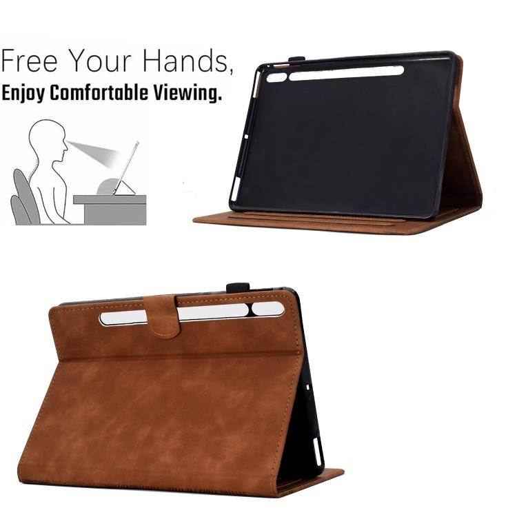 Funda de cuero con relieve de gatos para Samsung Galaxy Tab S10 FE+ (marrón)