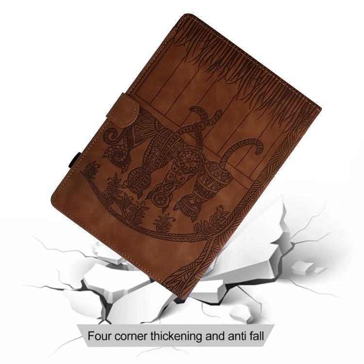 Funda de cuero con relieve de gatos para Samsung Galaxy Tab S10 FE+ (marrón)