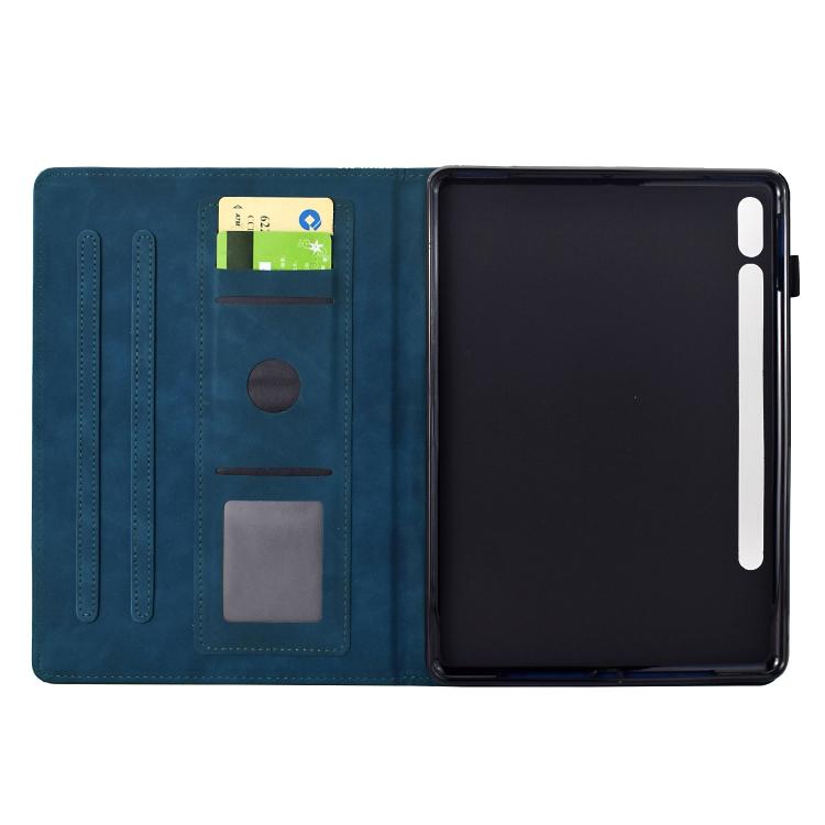 Funda inteligente de cuero con relieve de gatos para Samsung Galaxy Tab S10 FE+ (azul oscuro)