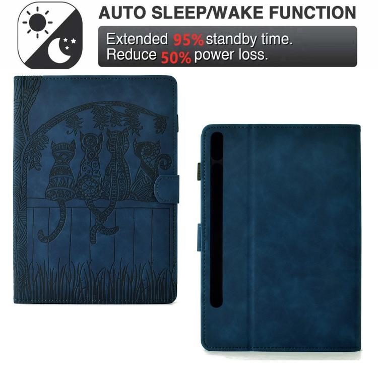 Funda inteligente de cuero con relieve de gatos para Samsung Galaxy Tab S10 FE+ (azul oscuro)