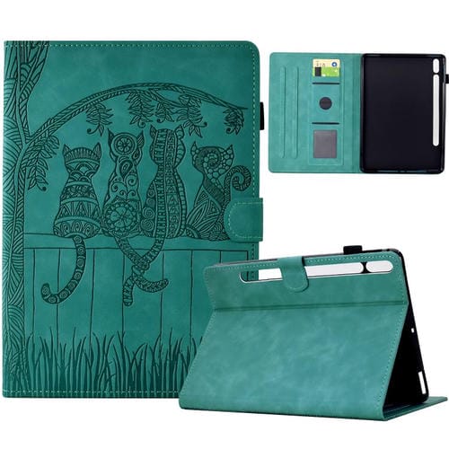 Funda inteligente de cuero con relieve de gatos para Samsung Galaxy Tab S10 FE+ (azul claro)