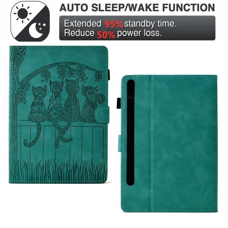 Funda inteligente de cuero con relieve de gatos para Samsung Galaxy Tab S10 FE+ (azul claro)