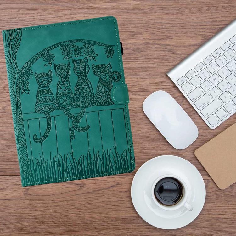Funda inteligente de cuero con relieve de gatos para Samsung Galaxy Tab S10 FE+ (azul claro)