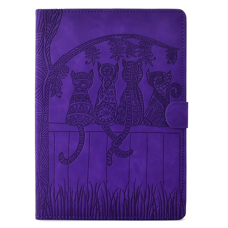 Funda de piel con relieve de gatos para Samsung Galaxy Tab S10 FE+ (morada)