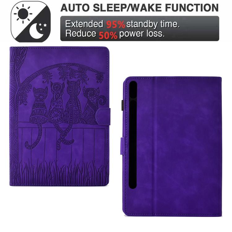 Funda de piel con relieve de gatos para Samsung Galaxy Tab S10 FE+ (morada)