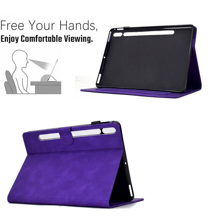 Funda de piel con relieve de gatos para Samsung Galaxy Tab S10 FE+ (morada)