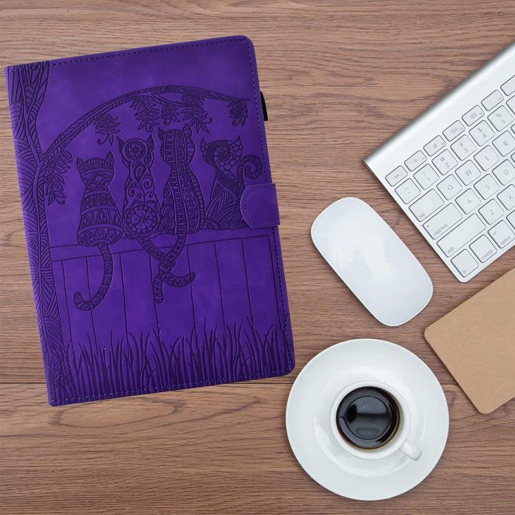 Funda de piel con relieve de gatos para Samsung Galaxy Tab S10 FE+ (morada)