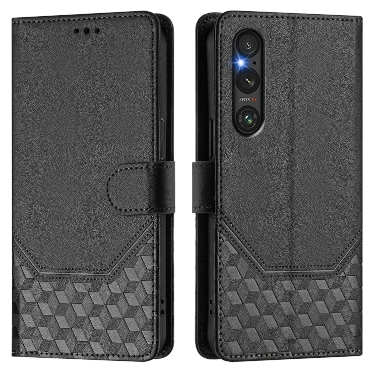Funda de Cuero Rfid con Relieve en Panal para Sony Xperia 1 V (2023) (Negra)