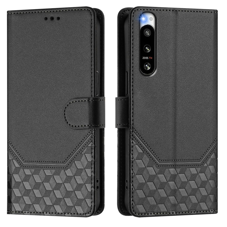 Funda de Cuero RFID con Relieve en Panal para Sony Xperia 5 IV (Negra)