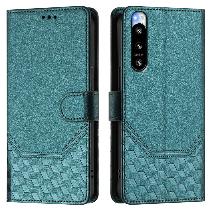 Funda de Cuero Rfid con Relieve en Panal para Sony Xperia 5 Iv (Verde Pavo Real)