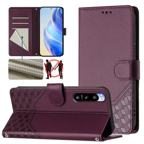 Funda de Cuero Rfid con Relieve en Panal para Sony Xperia 5 Iv (Violeta)