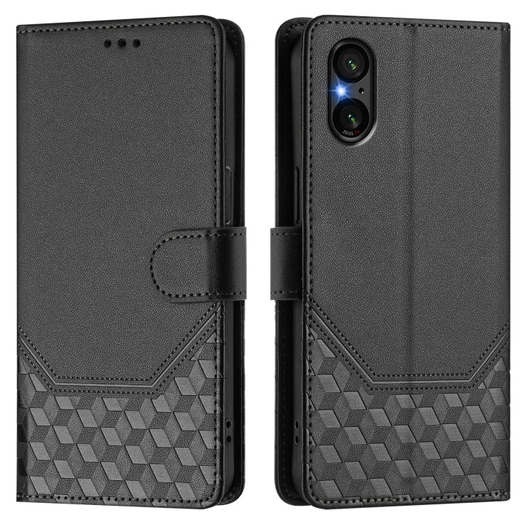 Funda de Cuero Rfid con Relieve en Panal para Sony Xperia 5 V (Negra)